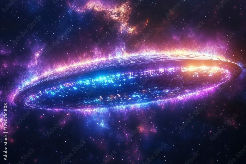 Wall mural a glowing spaceship flying through a nebula illuminated by multi-colored light