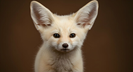 Fennec Fox Portrait with Large Ears on Brown Background