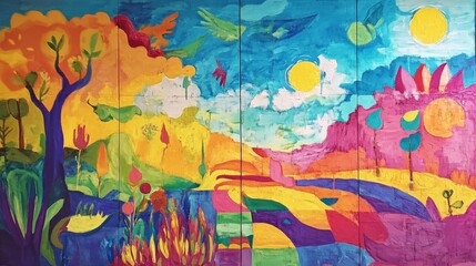 Fototapeta premium Vibrant Abstract Mural with Colorful Nature and Dreamy Landscape