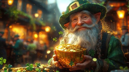 Cheerful leprechaun with pot of gold in lively Irish pub on St. Patrick's Day. Generative AI