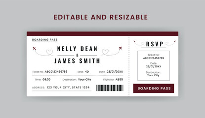 Boarding Pass Invitation For Airplane and Boat, Cruise Boarding Pass Design Template. Minimalist  Airline Ticket and Wedding Invitation.