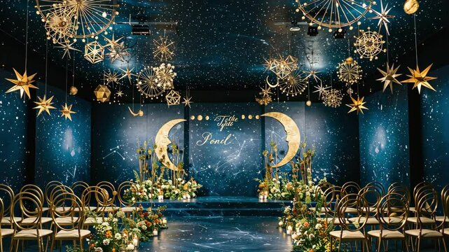 An elegant wedding venue featuring a starry night theme