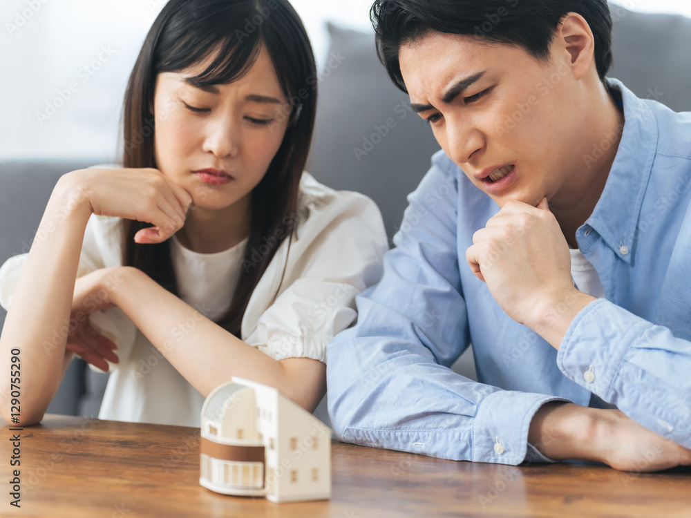 Leinwandbilder 住宅、悩む、カップル、夫婦、心配、不安、不満、落ち込む、がっかり、失敗、日本人、男性、女性、住まい、暮らし、値上げ、高い、一戸建て、賃貸、マイホーム、新築、分譲、困る、悩み、考える、間違い、模型、設計、ハウスメーカー、残念、迷う、戸惑う、諦める、悲しい、ネガティブ、つらい、ローン、家賃、資金、コスト、家庭、不動産、引越し、相談、バブル、面倒、固定資産税、保険、人物