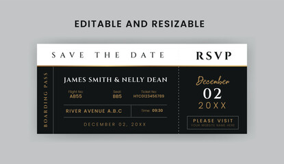 Boarding Pass Invitation For Airplane and Boat, Cruise Boarding Pass Design Template. Minimalist  Airline Ticket and Wedding Invitation.