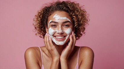 Fototapeta premium Happy Woman Applying Facial Mask Skincare Routine