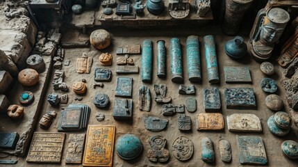 Ancient artifacts displayed in dusty workshop, showcasing turquoise relics; archaeological research