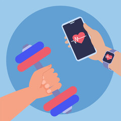 Hands holding dumbbell and smartphone showing heartbeat monitor during workout