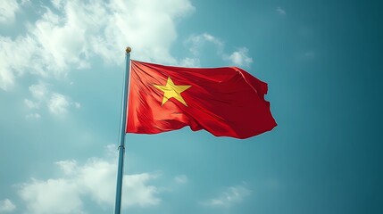 Vietnam flag with fabric texture, featuring vibrant red and a centered yellow star, representing the nation&rsquo;s history and independence, comic book style