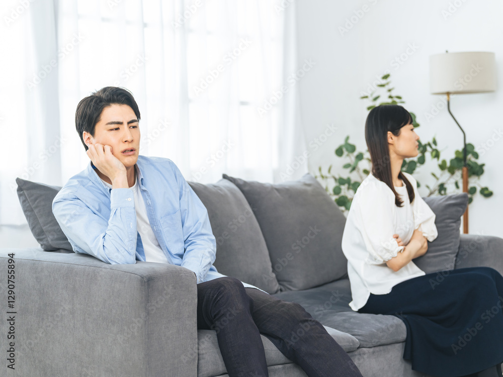 Aufkleber 喧嘩、カップル、険悪、トラブル、悲しむ、泣く、夫婦、危機、離婚、浮気、不倫、怒る、怒り、イライラ、DV、ストレス、ハラスメント、家庭内暴力、モラハラ、パワハラ、絶望、リビングルーム、ライフスタイル、室内、暮らし、非難、不満、不安、心配、対立、落ち込む、がっかり、困る、悩む、悩み、女性、男性、日本人、ケンカ、若い、部屋、不幸、失敗、PTSD、拗ねる、責める、調停、不機嫌、人物