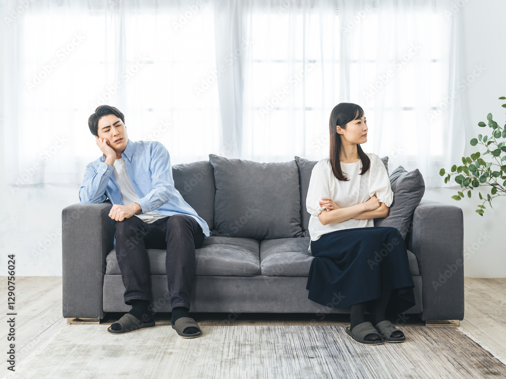 Aufkleber 喧嘩、カップル、険悪、悲しむ、泣く、夫婦、危機、離婚、浮気、不倫、怒る、怒り、イライラ、ストレス、ハラスメント、DV、家庭内暴力、モラハラ、パワハラ、絶望、リビングルーム、ライフスタイル、室内、暮らし、非難、不満、不安、心配、対立、落ち込む、がっかり、困る、悩む、悩み、女性、男性、日本人、ケンカ、若い、部屋、不幸、家庭内別居、口論、PTSD、責める、調停、不機嫌、トラブル、人物