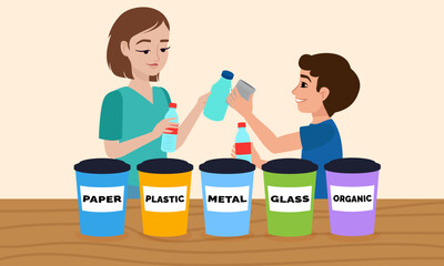 Teaching children recycling with colorful bins