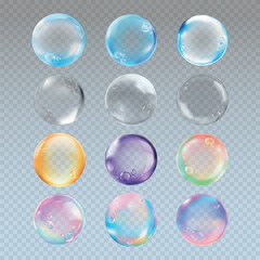 Colorful bubbles set with transparent backgrounds. Glossy bubbles in blue, clear, orange, purple, and rainbow. Perfect for designs needing bubbles and transparency. Soap bubble element vector set.