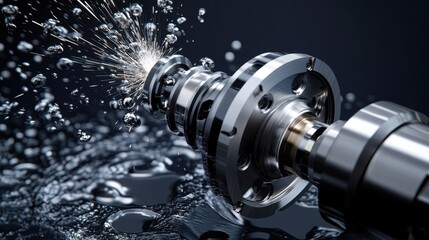 Advanced CNC machine cutting metal with sparks flying on a dark navy background