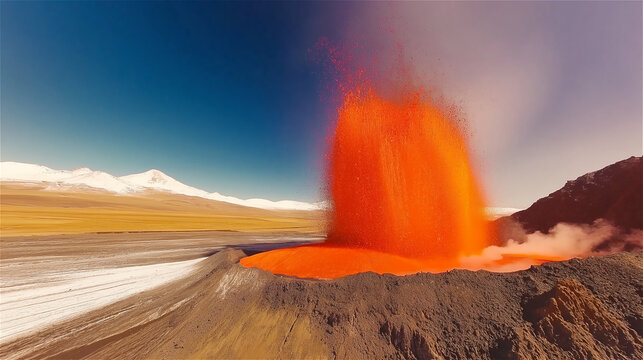 A volcanic eruption in the wilderness, showcasing a powerful and dramatic natural event with lava and ash. Ideal for themes of nature, disaster, and geological phenomena.
