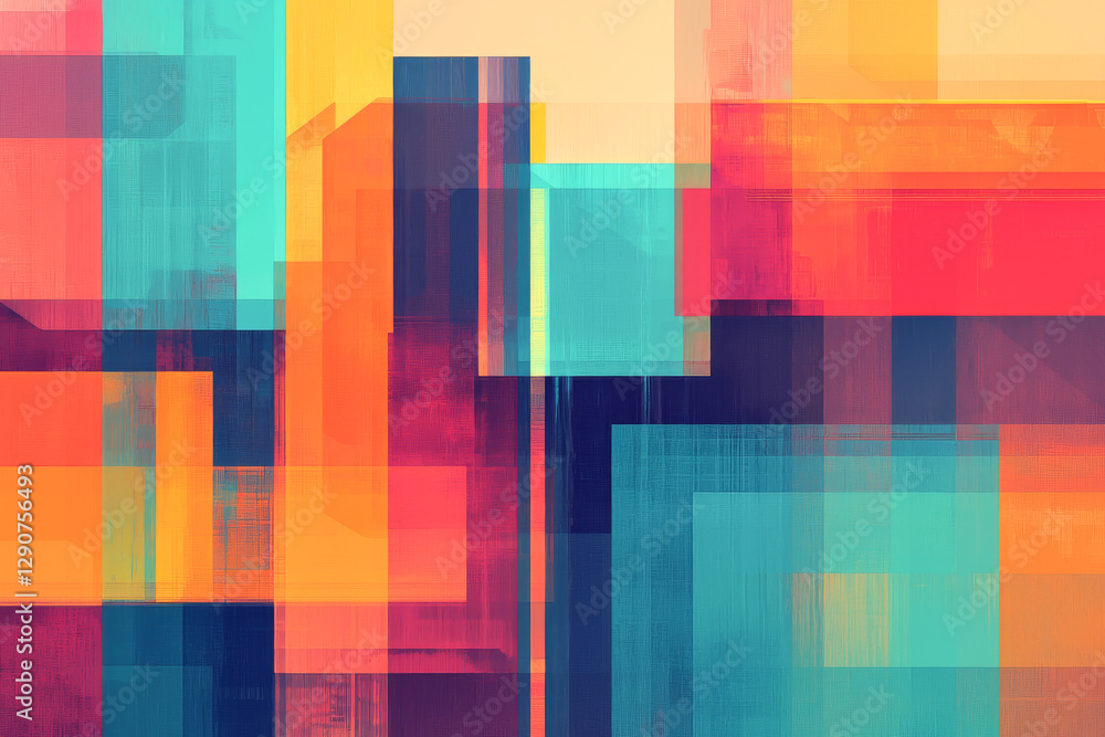 Poster vibrant abstract composition with colorful geometric shapes and layered textures.