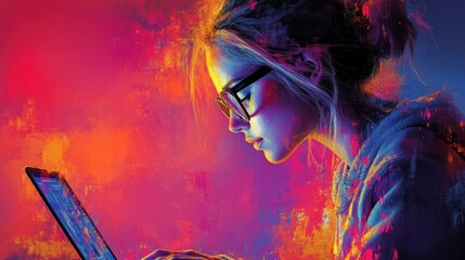 Fototapeta premium Woman using laptop, vibrant background, digital art, tech innovation