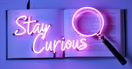 Neon sign stay curious magnifying glass book pages bright colorful realistic photo