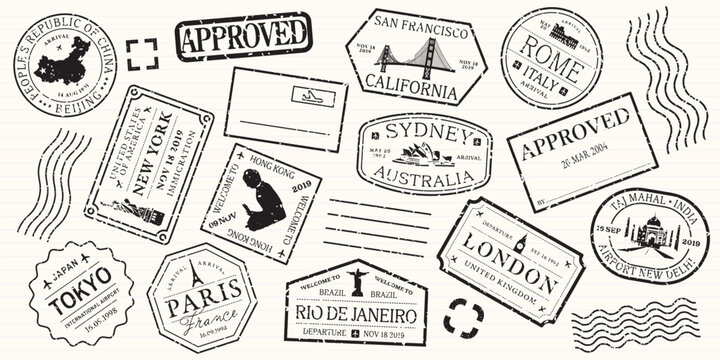 Collection of travel stamps featuring cities like New York, Tokyo, Paris, and Sydney. Stamps with approved marks, iconic landmarks, and travel themes. Black travel stamps, vector set.