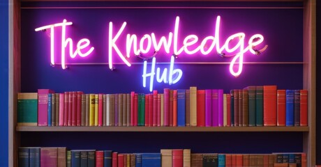 Neon sign knowledge hub glowing library shelves bright colorful realistic photo
