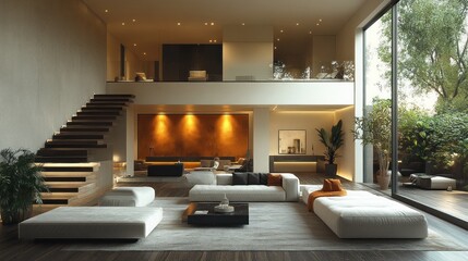 Modern open-plan living room, duplex design, evening light, garden view, interior design