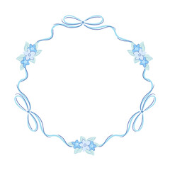 Hand-drawn round decorative frame made of blue ribbon with bows and floral elements isolated on a white background. Vector illustration. Template for invitation, greeting card, postcard, and design.