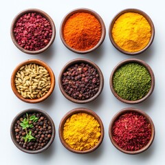 Flat lay of assorted Middle Eastern spices, neatly arranged on a white surface, emphasizing simplicity and elegance white background, featuring cumin, sumac,
