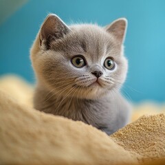 Gray kitten nestled in sand, teal background