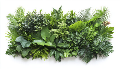 Lush green plants including tropical leaves create vibrant, natural display. This diverse arrangement showcases various textures and shades of green, enhancing any space