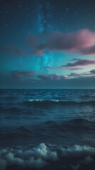 Fototapeta premium Breathtaking image of ocean waves on the beach at night with a dark sky filled with stars and nebula in the distance ocean wallpaper inspiration