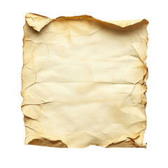 Fototapeta premium A wrinkled, aged piece of parchment paper with a slightly stained appearance, isolated on white background.