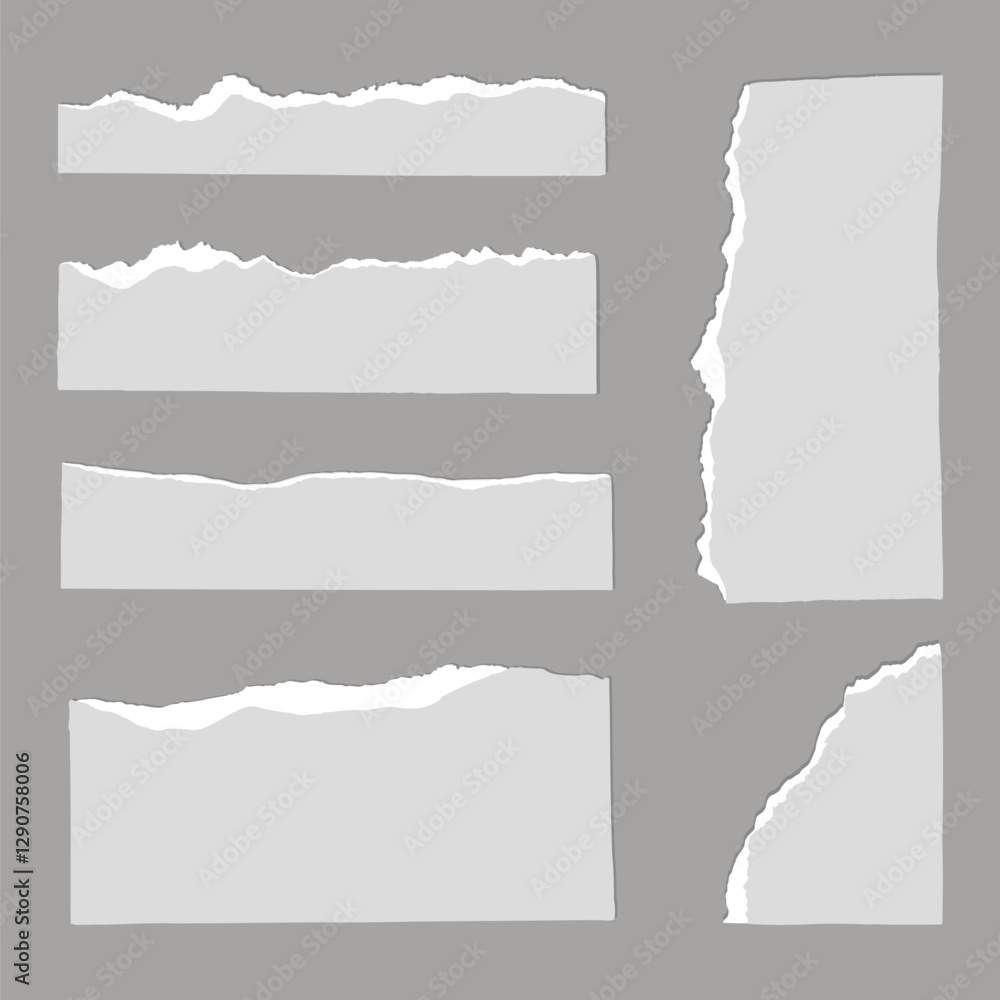 Poster set of torn paper edges on a gray background. torn paper textures for design. realistic torn paper e
