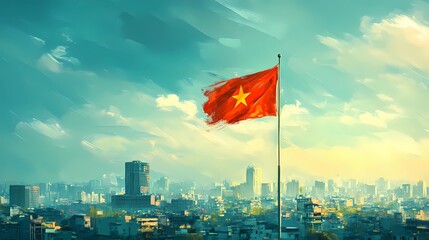 Fototapeta premium Vietnamese flag waving in the wind, showcasing the iconic red background with a yellow star, symbolizing national pride and unity, book illustration style