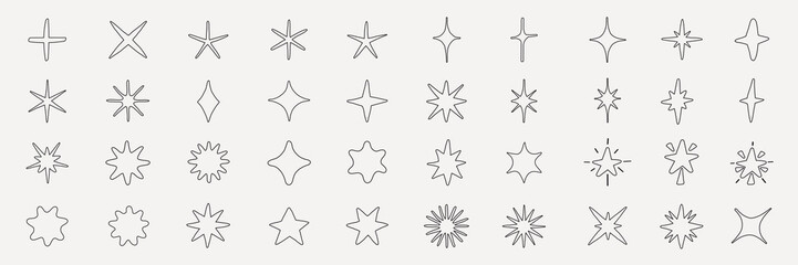 A collection of star and sparkle shapes in various designs. These star and sparkle icons feature diverse styles, perfect for creative projects needing star and sparkle elements. Element vector set.