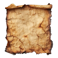 Fototapeta premium A crumpled, aged parchment with a weathered texture, showcasing cracks and a burnt edge, isolated on white background.