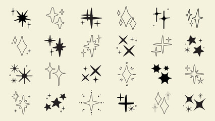 A collection of 24 black star and sparkle icons on a beige background. Various star shapes and sparkles. Simple star and sparkle designs for decoration. Element vector set.