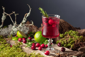 Cranberry cocktail with ice, lime, and rosemary on a old wooden board.