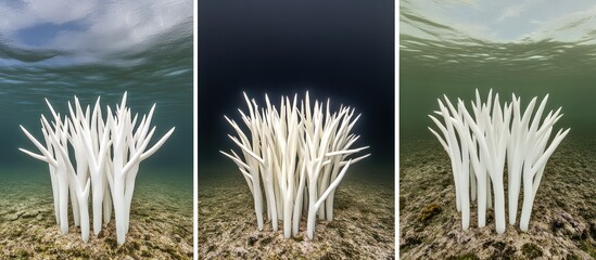 Underwater coral restoration Day, night, and shallow views. Ocean conservation