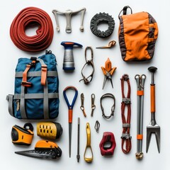 Flat lay of essential mountain climbing tools, neatly arranged on a white surface, emphasizing simplicity and elegance with isolate white background