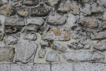 Exploring ancient stone wall with leaf carving in Albania showing historical craftsmanship and unique textures