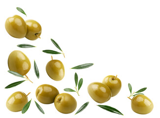 green olives with green leaves isolated on white background. clipping path