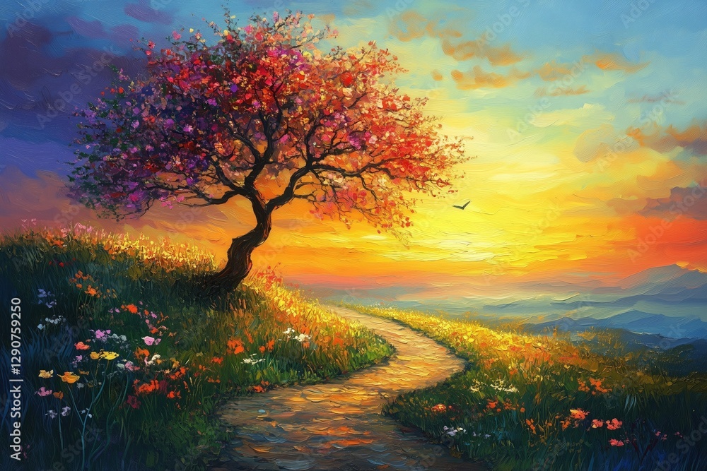 Wall mural vibrant sunset illuminating a floral field with a solitary tree, creating a serene and picturesque l