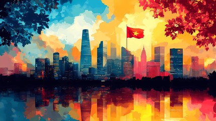 Fototapeta premium Vietnamese flag waving in the wind, showcasing the iconic red background with a yellow star, symbolizing national pride and unity, book illustration style