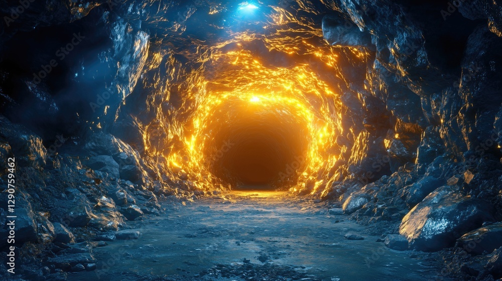 Poster a mystical tunnel illuminated by warm sunlight filtering through rocky walls, creating an enchanting