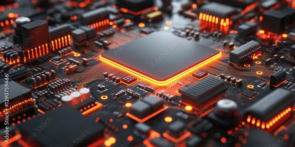 Poster close-up of a high-tech circuit board with glowing orange elements, showcasing intricate details of 