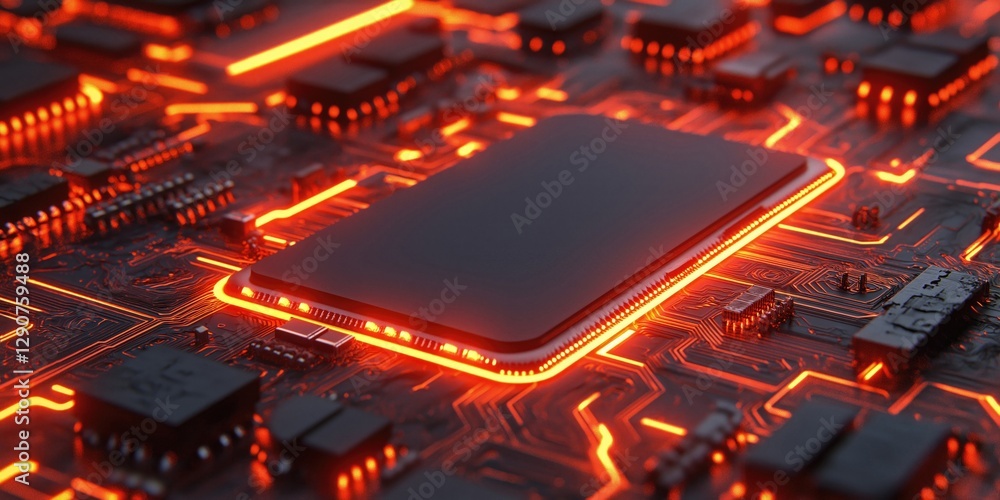 Poster close-up of a glowing circuit board with intricate patterns and vibrant orange lights, showcasing mo