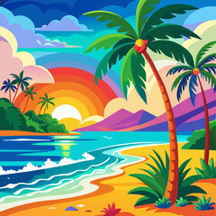 Fototapeta premium Vibrant Tropical Beach with Rainbow and Palm Trees
