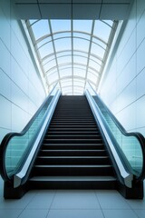 Modern escalator leads upward through bright, airy space with sl