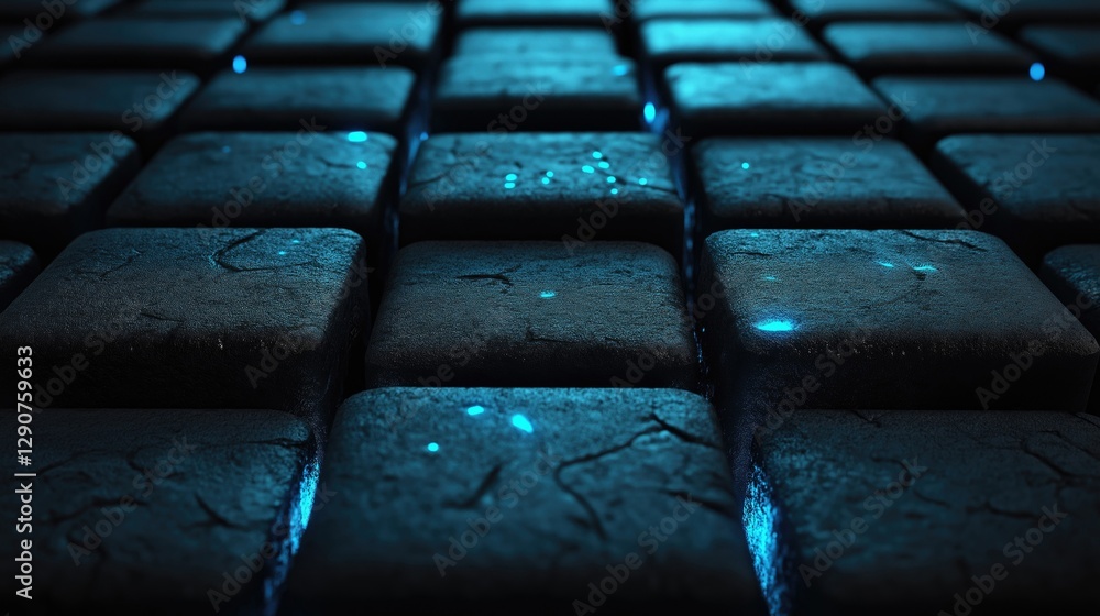 Fototapete abstract digital texture featuring illuminated blue tiles with a cracked surface, ideal for computer