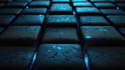 Abstract digital texture featuring illuminated blue tiles with a cracked surface, ideal for computer graphics and design.