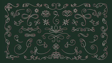 Vector set. Elegant vintage flourishes and swirls on a dark background. Decorative flourishes, ornate swirls, and vintage design elements for creative projects. Hand drawn ornament vector set.